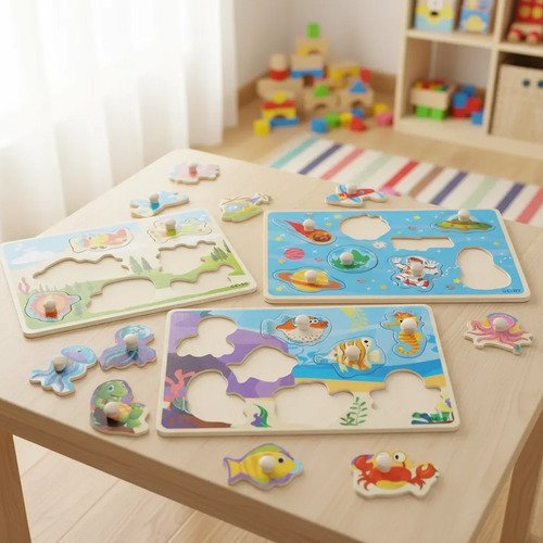 3 Tablas Armables Didácticos Rompecabezas Niños En Madera  Multicolor