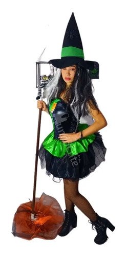 Disfraz Bruja Mujer Verde Mujer Completo Con Sombrero