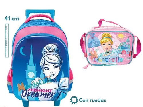 Combo Maleta Morral Rueda Lonchera Niña Princesa Cenicienta Rosa