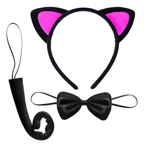 Disfraz Orejas De Gato Kit 3 Cute Accesorios Negro