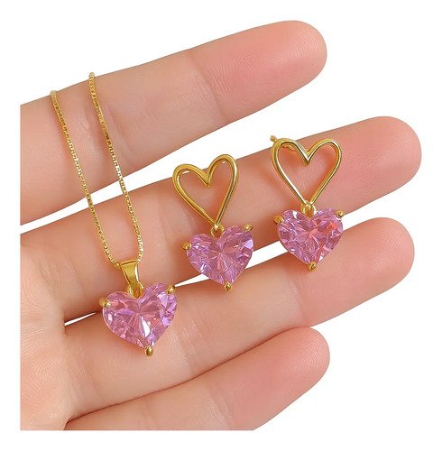 D_633632-MCO83949966379_042025-O.jpg Collar Con Colgante Corazón Circonita Rosa Juego Joyas Rosa