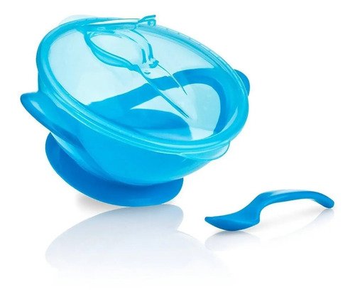 Porta Comida Bebé Azul  Plato Tapa Cuchara Nuby Bol Azul Liso