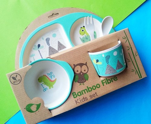 Set Vajilla Fibra Bambú Plato Comida Bebes Niños Maneaje