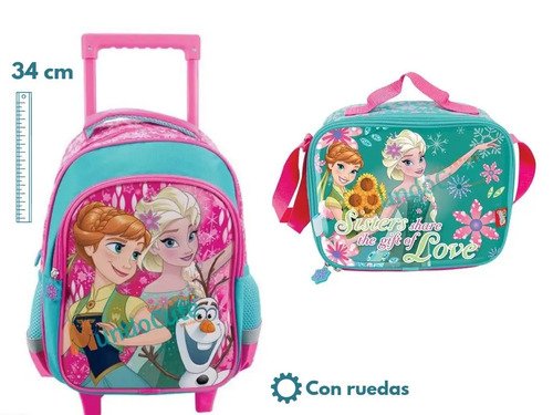 Kit Morral Maleta Ruedas Y Lonchera Mediano Frozen Original Rosa