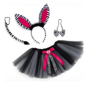 D_648272-MCO88898643160_082025-O.jpg Set Disfraz Cebra Infantil Con Orejas,falda Y Moño-mundocute Blanco Con Negro