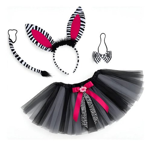 D_648272-MCO88898643160_082025-O.jpg Set Disfraz Cebra Infantil Con Orejas,falda Y Moño-mundocute Blanco Con Negro