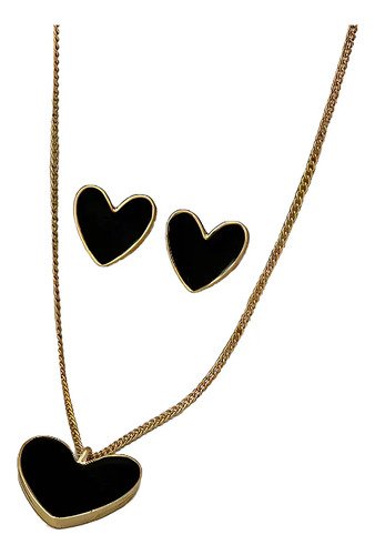 Juego De Joyas Collar Y Aretes Corazon Negro Negro