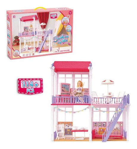 Casa De Muñecas Luz Led + Muñeca + Diversión Y Accesorios Coral Claro