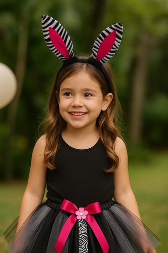 D_660803-MCO89256945941_082025-O.jpg Set Disfraz Cebra Infantil Con Orejas,falda Y Moño-mundocute Blanco Con Negro
