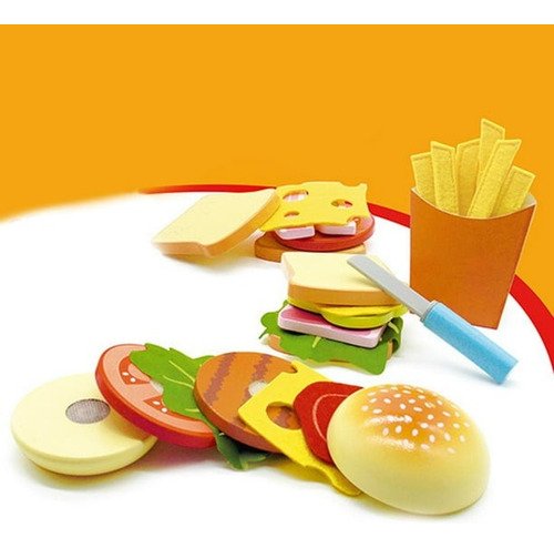 Set Comida Rápida Hamburguesas Juego Madera Roles Cocina