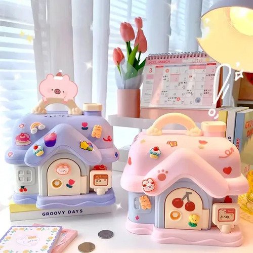 Alcancía Para Niños Casa Con Stickers - Diseño Divertido Casitas Beige