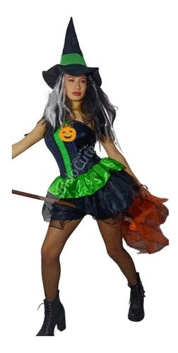 Disfraz Bruja Mujer Verde Mujer Completo Con Sombrero