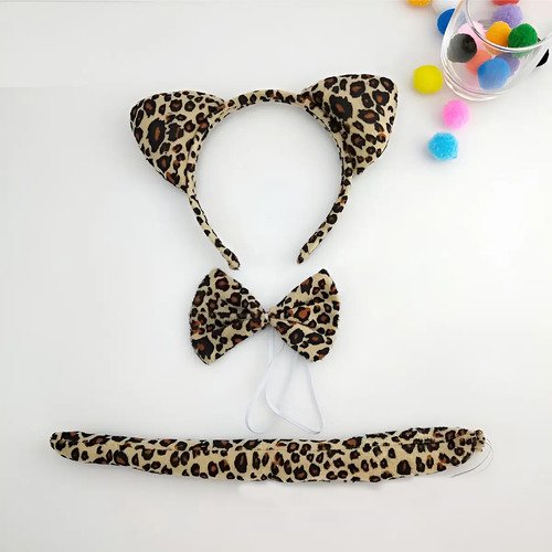 D_668012-MCO81973942194_022025-O.jpg Set Disfraz De Leopardo Animal Print Diadema, Moño Y Cola Caqui