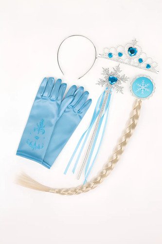Kit Frozen Disfraz Elsa 4 Accesorios Trenza, Varita, Corona, Guantes Agua Única