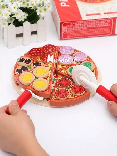 Juguete Pizza Madera Montessori Didacticos Niños Juego Roles Rojo