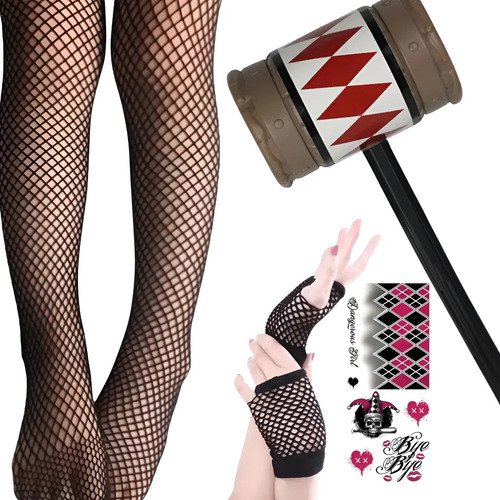 Kit Harley Quinn Martillo + Guantes + Medias + Tatuajes Plateado Única