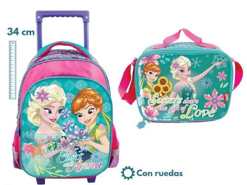 Kit Morral Maleta Ruedas Y Lonchera Mediano Frozen Original Rosa