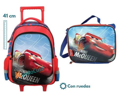 Morral Maleta Ruedas + Lonchera Cars Temporada Escolar  Rojo