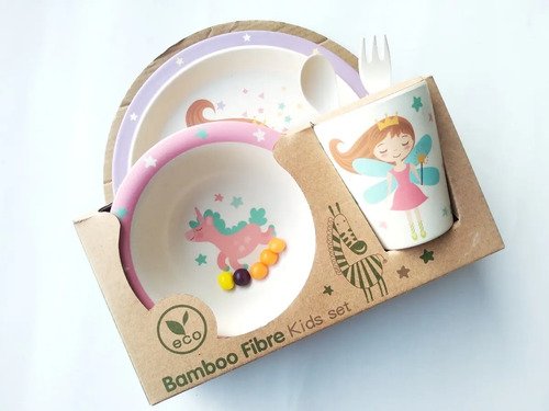 Set Vajilla Fibra Bambú Plato Comida Bebes Niños Maneaje