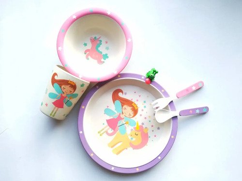 Set Vajilla Fibra Bambú Plato Comida Bebes Niños Maneaje