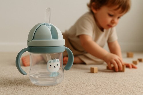 D_724832-MCO89936328298_082025-O.jpg Vaso Pitillo Botilito Antiderrame 250 Ml Para Niños Bebes Azul Claro Leoncito