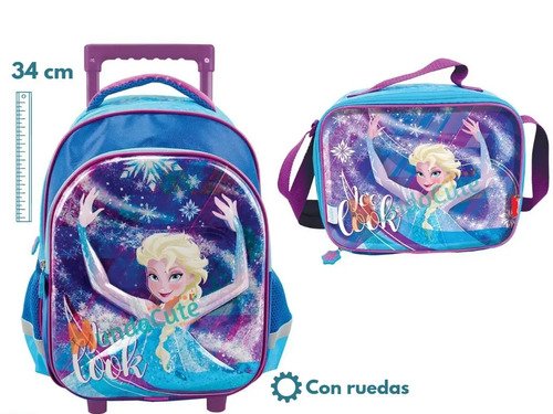Kit Morral Maleta Ruedas Y Lonchera Mediano Frozen Original Rosa