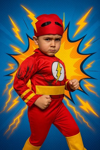 D_733067-MCO90316587089_082025-O.jpg Disfraz Flash Niño Con Cinturón Y Máscara Disfraces Superhéroes Mundocute