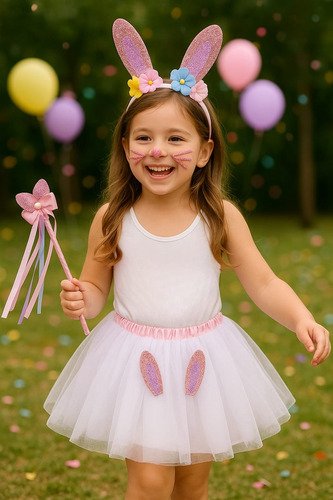 D_734623-MCO88925909926_082025-O.jpg Set Conejita Brillante Con Falda Blanca Y Orejitas Rosadas Blanco 4 A 8 Años