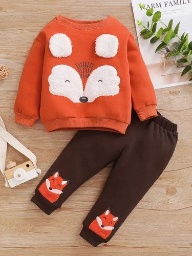 D_738273-MCO89175498393_082025-O.jpg Sudadera Con Orejitas De Zorro + Pantalón Bordado Naranja Talla 2 A 3 Años