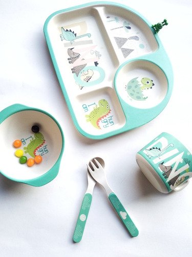 Set Vajilla Fibra Bambú Plato Comida Bebes Niños Maneaje