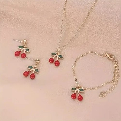D_751206-MCO83948839321_042025-O.jpg Collar Cadena Mujer Cereza + Aretes Y Pulsera Set 3 Piezas