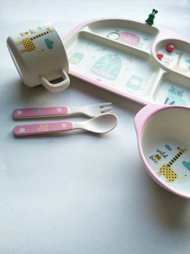 Set Vajilla Fibra Bambú Plato Comida Bebes Niños Maneaje