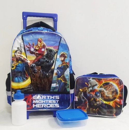 D_751655-MCO40670621673_022020-O.jpg Combo Morral Avengers Vengadores Maleta Ruedas + Lonchera Azul