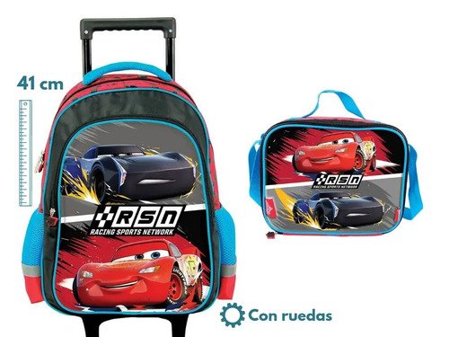 Morral Maleta Ruedas + Lonchera Cars Temporada Escolar  Rojo