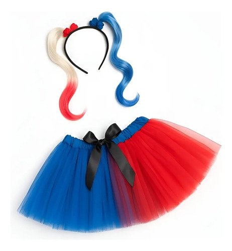 D_752788-MCO88926313990_082025-O.jpg Accesorios Disfraz Arlequín Harley Quinn Azul Y Rojo Niña - Mundocute Azul 4 A 8 Años