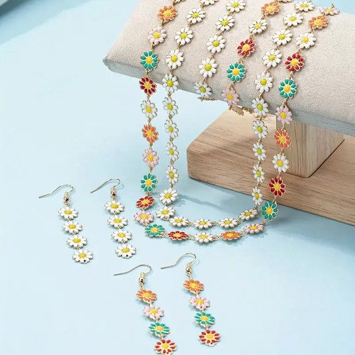 Joyas X3 Kit  Margaritas | Collar + Manilla + Aretes Mujer