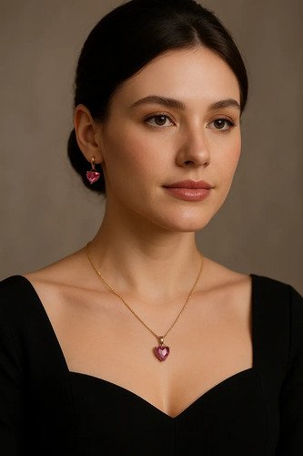 D_769508-MCO90826131395_082025-O.jpg Collar Con Colgante Corazón Circonita Rosa Juego Joyas Rosa