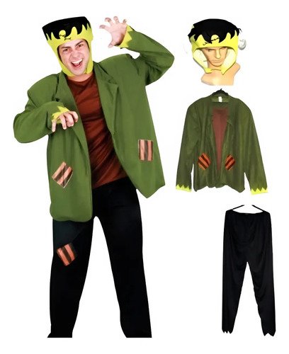 Disfraz Frankenstein Adulto - Terror Clásico Para Halloween Verde- Negro Y Cafe Unica