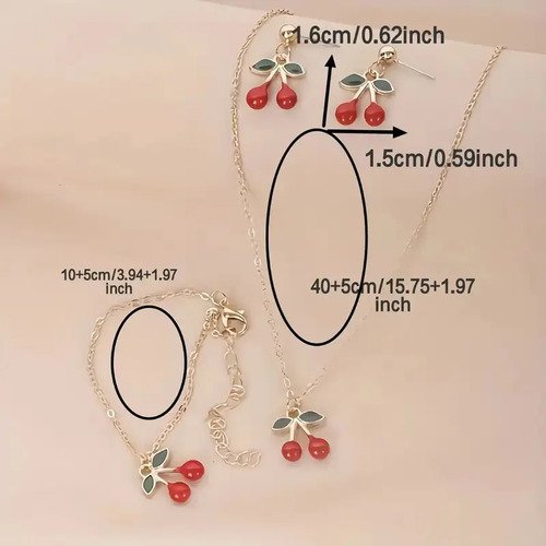 D_776428-MCO83655442222_042025-O.jpg Collar Cadena Mujer Cereza + Aretes Y Pulsera Set 3 Piezas