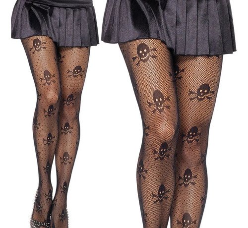 2 Pantimedias Medias Largas Calavera Malla Mujer Negro Única