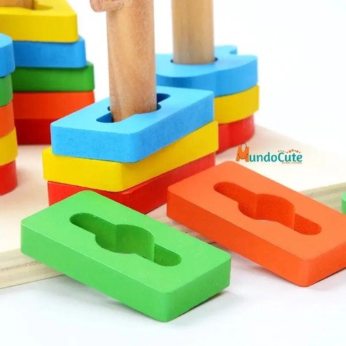 Juego Torres Madera Insertar Figuras Geométricas Montessori Multicolor