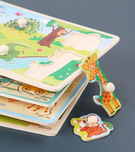 3 Tablas Armables Didácticos Rompecabezas Niños En Madera  Multicolor