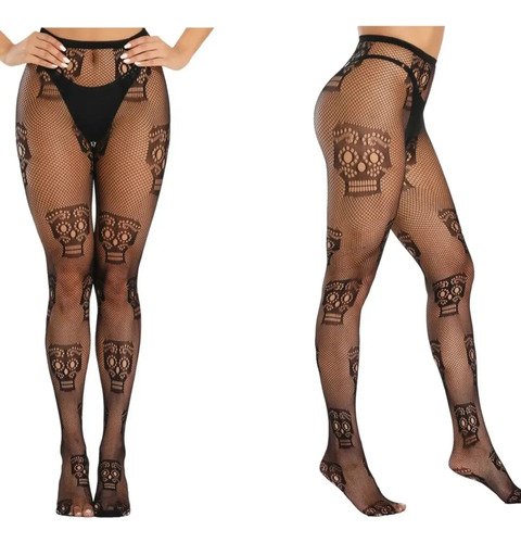2 Pantimedias Medias Largas Calavera Malla Mujer Negro Única
