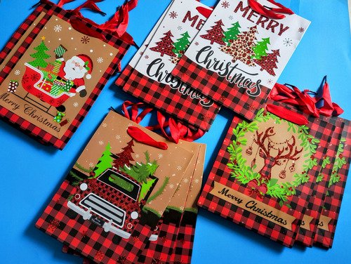 Docena De Bolsas De Regalo Navideñas Blancas Con Relieve X12 Verde