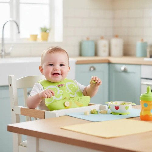 Babero Silicona Para Bebé Fácil Limpieza Baberos Oferta Animales Verde Limón Bebés