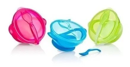 Porta Comida Bebé Azul  Plato Tapa Cuchara Nuby Bol Azul Liso