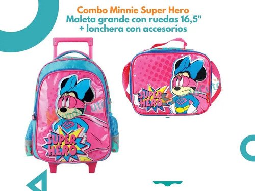 Combo Maleta Morral Rueda Lonchera Minnie Rosa