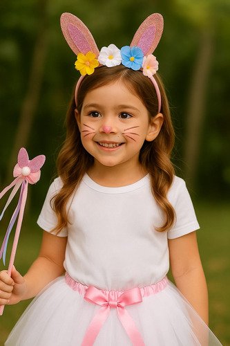 D_841850-MCO88926029052_082025-O.jpg Set Conejita Brillante Con Falda Blanca Y Orejitas Rosadas Blanco 4 A 8 Años