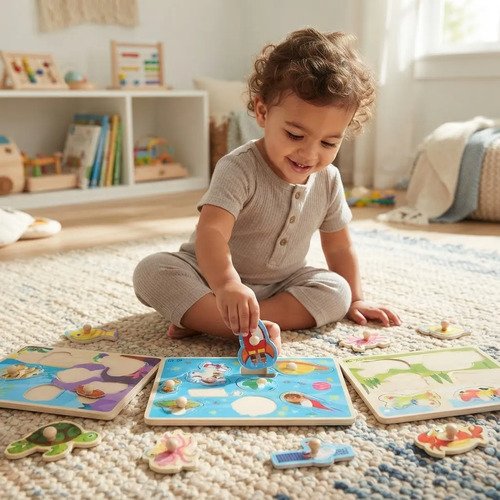 3 Tablas Armables Didácticos Rompecabezas Niños En Madera  Multicolor