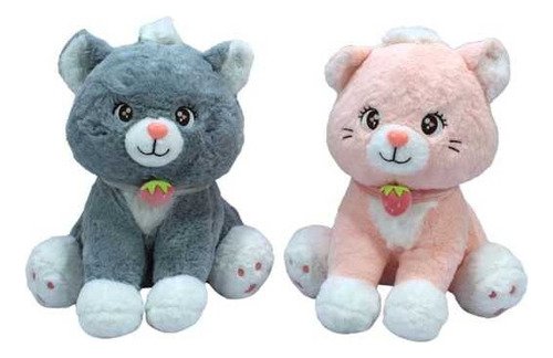 Peluche Gato Con Collar De Fresa 32cm - Diseño Adorable Gris